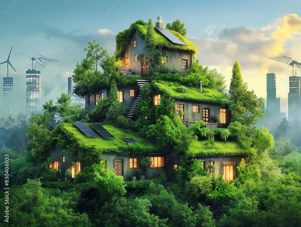 A green house with a lot of trees on it. The house is very tall and has a lot of windows