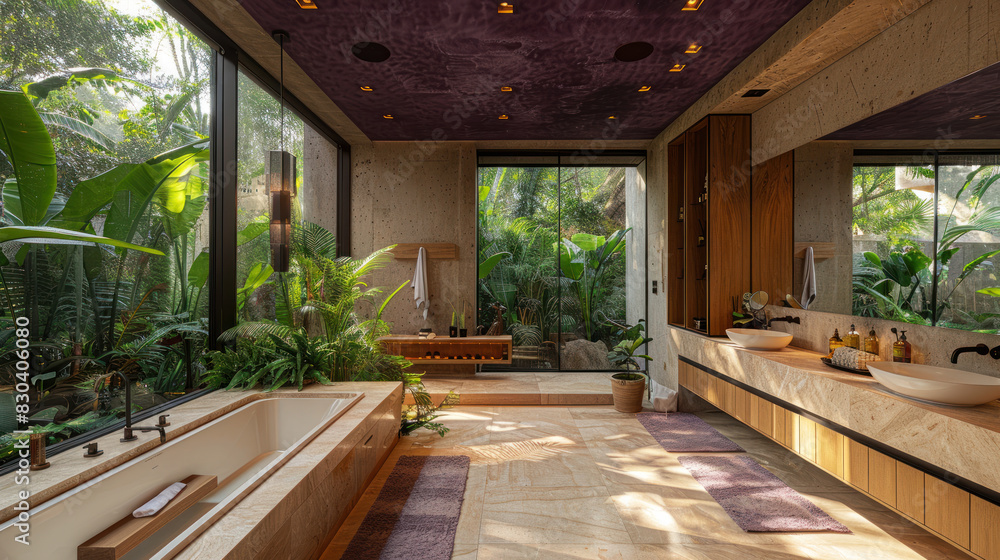 Fototapeta premium Purple shade in contemporary bathroom of a villa hotel by lush jungle