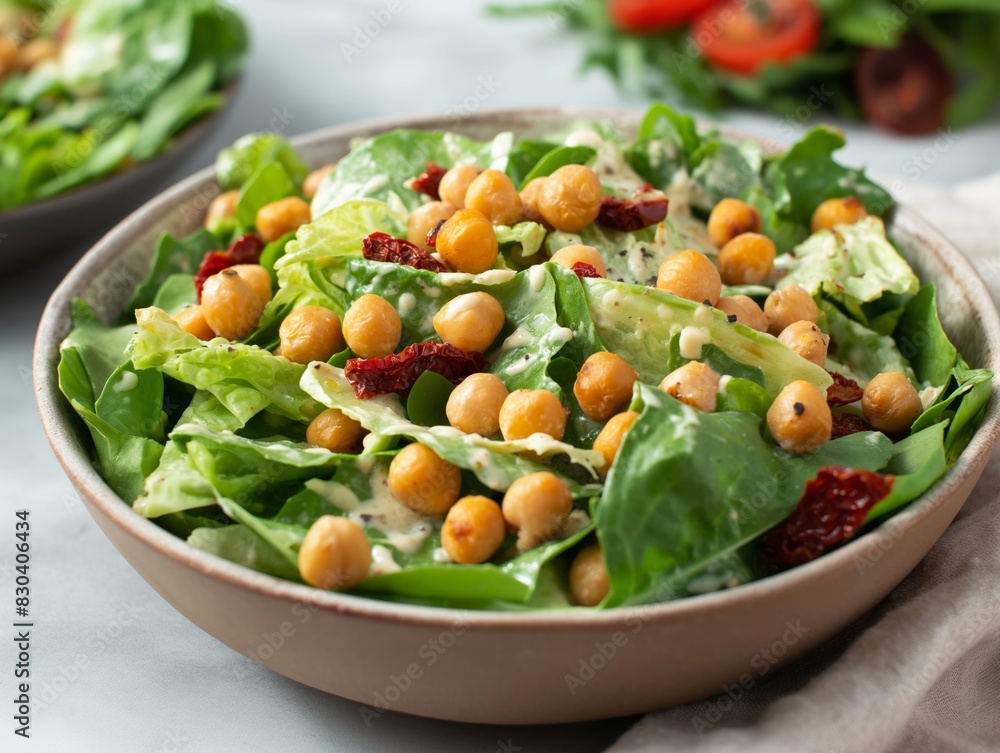 A bowl of salad with chickpeas and tomatoes. The salad is colorful and healthy