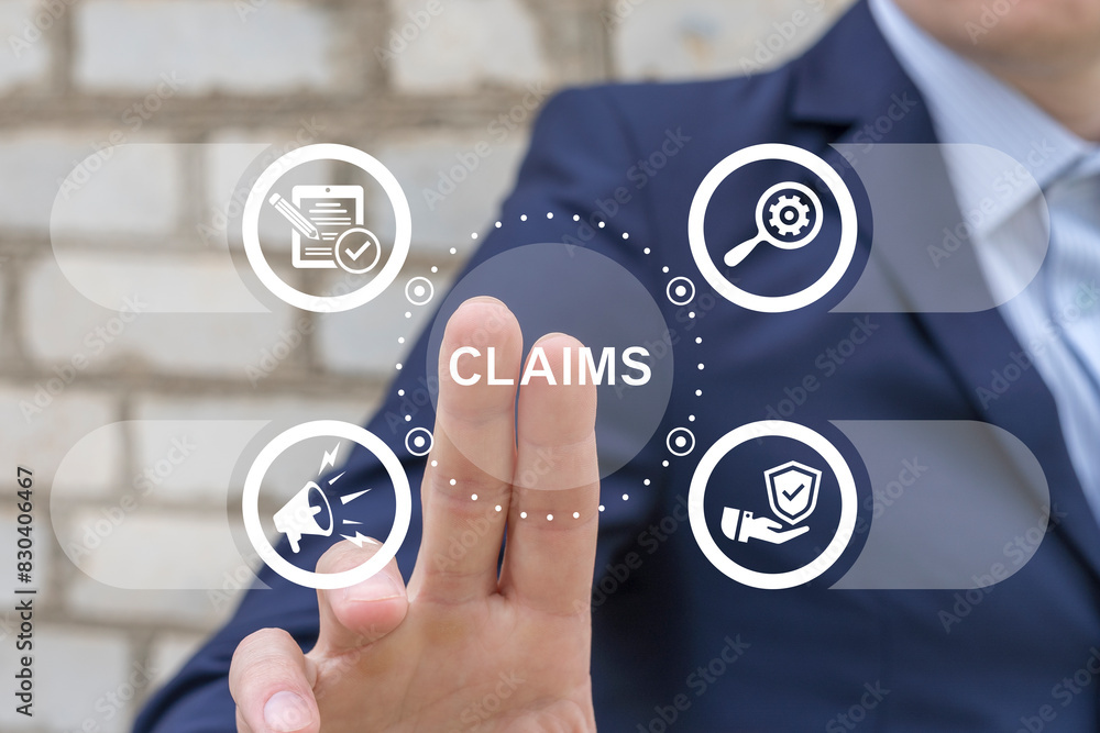 Business man working on virtual touch screen presses word: CLAIMS. Claims Management Business Department Concept. Registration claim document.