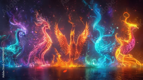 Neon Fantasy Creatures Phoenixes: A photo of imaginary creatures like phoenixes depicted in neon colors