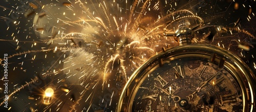 New Year 2024 - Golden Clock And Fireworks. photo
