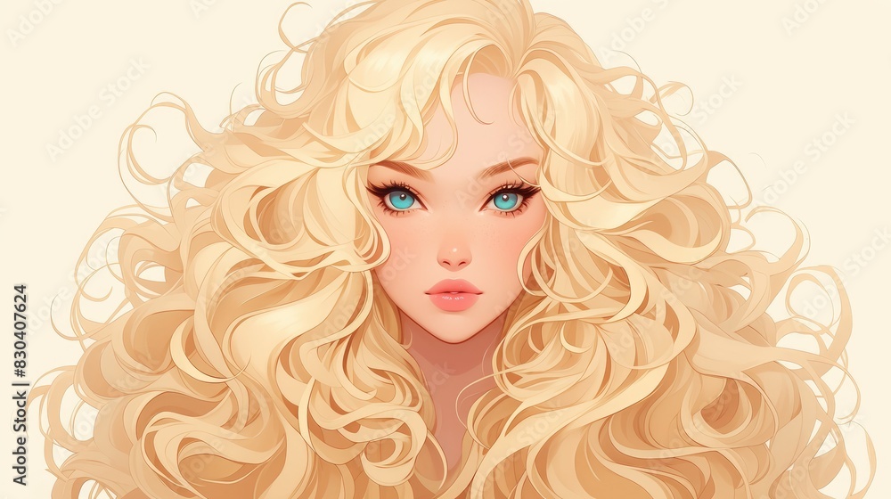 A stunning cartoon character captures attention with her beautiful blonde hair cascading in magnificent curls depicted in a portrait set against a crisp white background