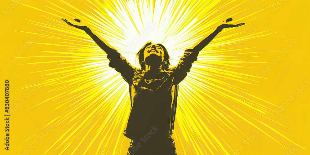 Embracing Empowerment: A person of color standing confidently with arms raised, their body exuding courage and resilience in a vibrant yellow background. Embracing Empowerment: A person of color standing confidently with arms raised, their body exuding courage and resilience in a vibrant yellow background.