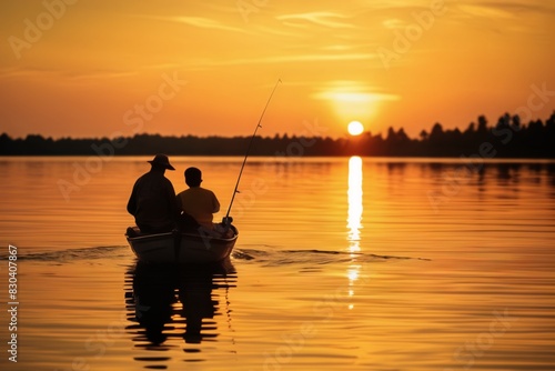 Two fishers man in fishing boat during sunset, fishing boat son father fishing lake, hobby nature fisherman summer water vacation holiday pole rod float lure sunny fresh © Marco