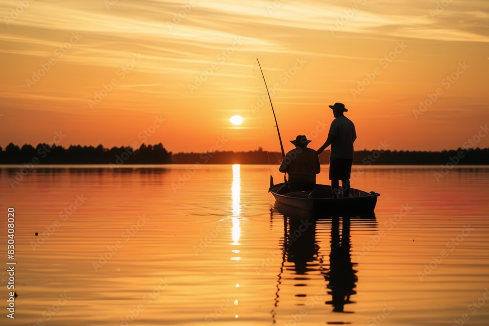 Two fishers man in fishing boat during sunset, fishing boat son father fishing lake, hobby nature fisherman summer water vacation holiday pole rod float lure sunny fresh