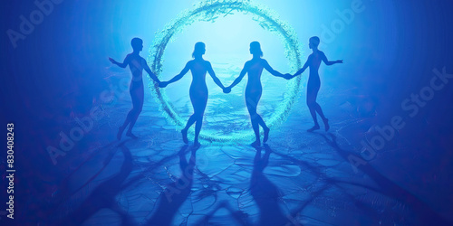 Unity in Blue: A heartwarming image of figures forming a circle, symbolizing unity and bond as they clasp their hands together, standing in solidarity against all odds