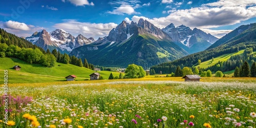 Idyllic mountain landscape in the Alps with blooming meadows in summer springtime photo