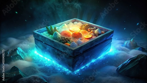 Frozen food sorted in box, glow photo