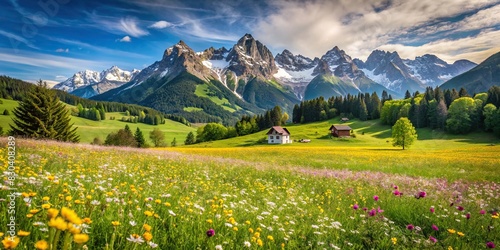 Idyllic mountain landscape in the Alps with blooming meadows in summer springtime photo