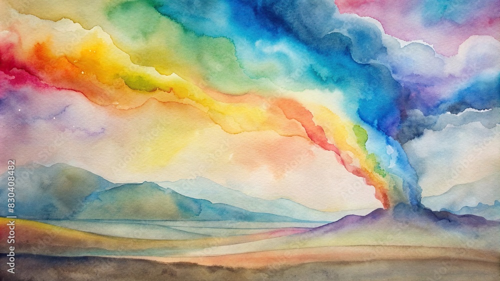 Abstract watercolor painting of rainbow smoke billowing over a serene landscape