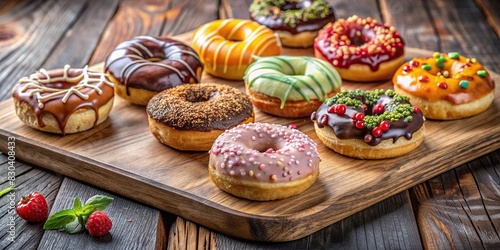 Artisanal donuts with unique flavors arranged on a wooden board for National Donut Day photo