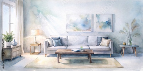 Minimalist living room interior with white walls, sofa, and decor accessories photo