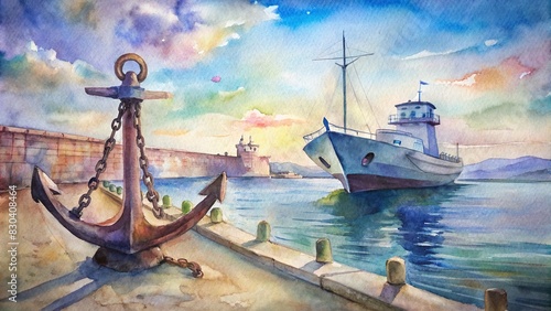 Watercolor painting of an anchor on the embankment and a cruiser in the port of Novoross photo