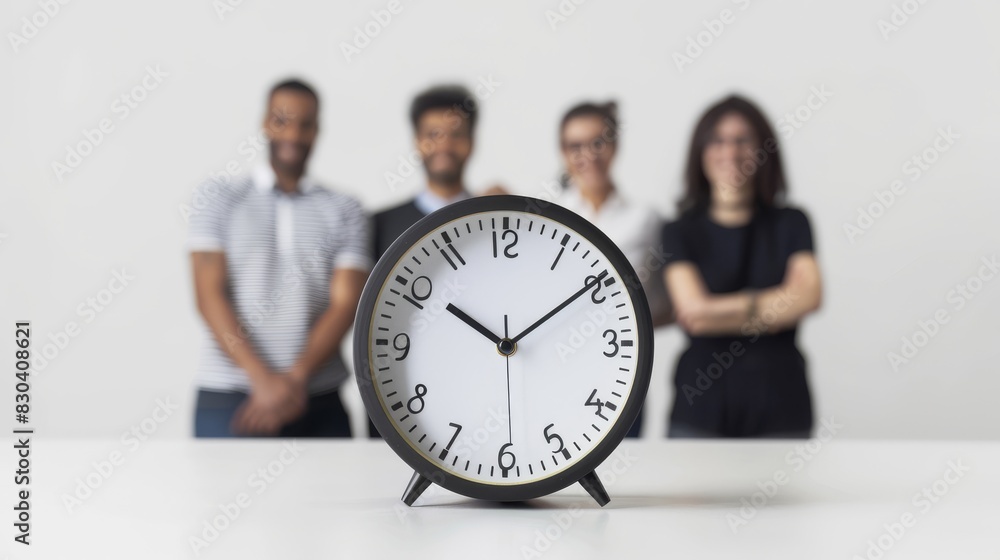 Clock with smiling people in the background, symbolizing success, isolated, ample white space Clock with smiling people in the background, symbolizing success, isolated, ample white space
