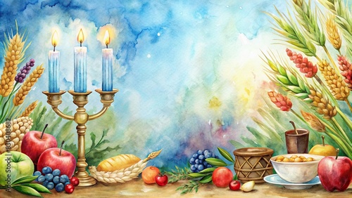 Watercolor art style of Shavuot holiday celebration with copyspace on the side photo