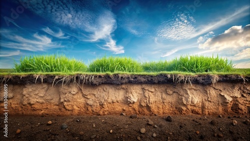 Underground soil layer of earth with eroded ground and grass on top photo