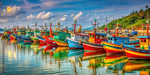 A fleet of colorful fishing boats lined up along the shore photo