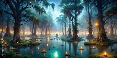 An eerie and enchanting night in a mystical swamp photo