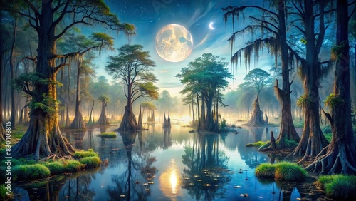 A magical moonlight scene in a mystical swamp