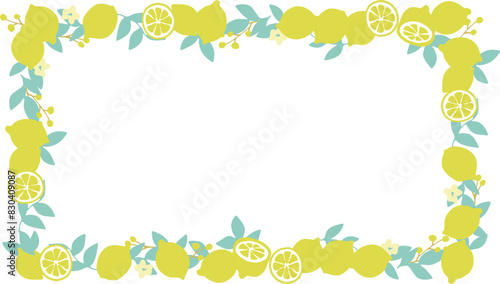 レモンの爽やか夏フレーム素材。レモンのベクターイラスト。夏のレモン装飾枠。Lemon fresh summer frame material. Lemon vector illustration. Summer lemon decoration frame.