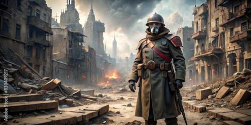 Dieselpunk Soviet cyborg soldier standing in the ruins of a war-torn city photo