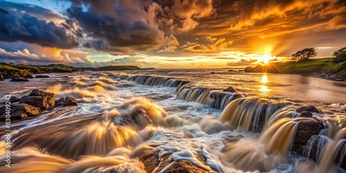Muddy river cascading into the ocean during a dramatic sunset photo