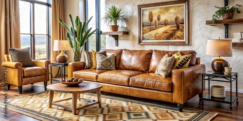Neutral-toned Southwestern living room with a leather couch, Navajo textile, and mustard accents photo