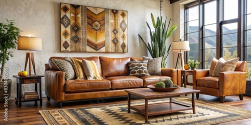 Neutral-toned Southwestern living room with a leather couch, Navajo textile, and mustard accents photo