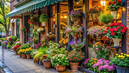 Quaint local florist's storefront with colorful blooms on city sidewalk photo