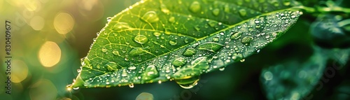 Closeup shot of a leaf undergoing photosynthesis Detailed view of chloroplasts and oxygen bubbles Bright, educational background photo
