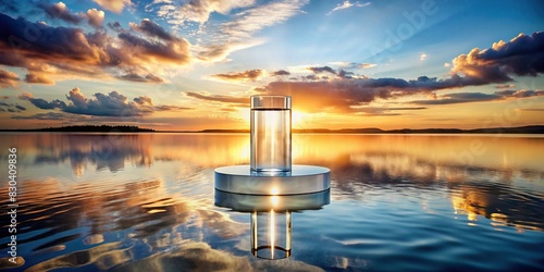 Glass podium standing on serene water under gentle sunset sky, ideal for showcasing natural cosmetics products