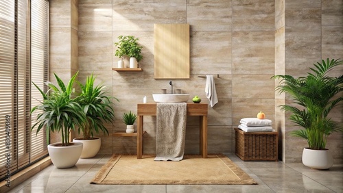 Travertine podium in a sustainable bathroom setting with towels and plants photo