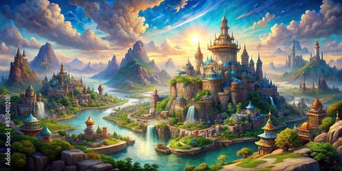 Detailed depiction of a fantastical realm with diverse terrains and fictional civilizations