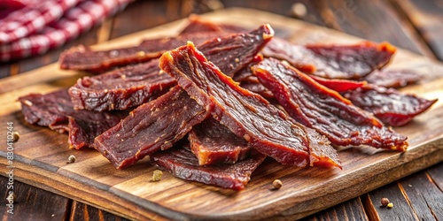 Close-up detailed of beef jerky on a wooden cutting board