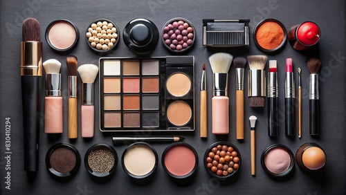 Knolling photograph of a cosmetic set on a black background photo