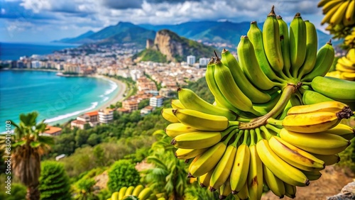 A bunch of ripe green bananas with one banana peeling off, set against a backdrop of a beautiful Turkish Alanya landscape photo