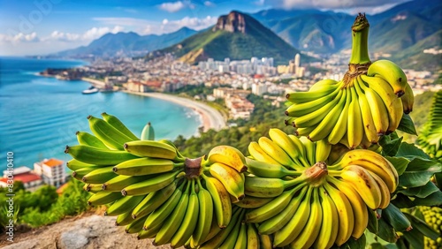 A bunch of ripe green bananas with one banana peeling off, set against a backdrop of a beautiful Turkish Alanya landscape