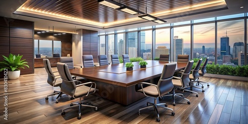 A sleek  empty boardroom with a large conference table and high-tech gadgets  representing rapid business achievements