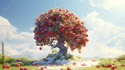 A charming apple tree laden with ripe fruit on a pristine white canvas