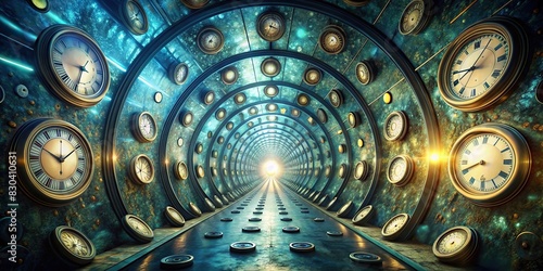 Surreal render of a hyperspace tunnel with clocks, representing time travel photo