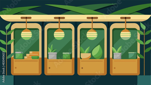 The overhead compartments are made of sleek bamboo panels showcasing the beauty of natural materials while reducing the use of harmful plastics.. Vector illustration