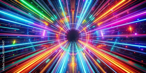 Vibrant neon hyperspace tunnel with colorful rays branching out
