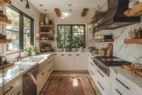 modern kitchen design  a modern kitchen with minimalistic design  featuring clutter-free countertops and stylish open shelves  blending functionality and beauty