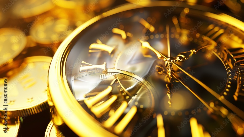 Fototapeta premium Clock indicating value surrounded by gold coins on a bright background, isolated and clean