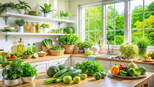 Bright and airy kitchen with a variety of fresh green vegetables and fruits on the counter photo