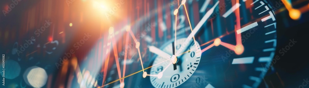 custom made wallpaper toronto digitalClock representing time and progress with light shining down and an upward trend line graph behind, clear white background