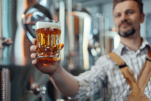 Man enjoying a glass of beer in front of a traditional beer brewing machine at a local brewery in town