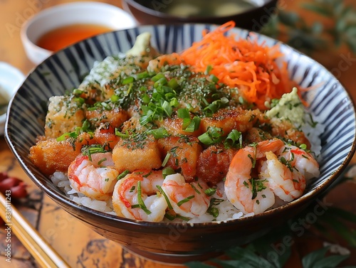 A bowl of food with shrimp and carrots. The bowl is blue and white. The food is arranged in a way that makes it look appetizing