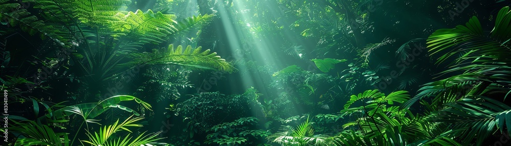 Photograph of a dense tropical rainforest Sunlight filtering through the canopy, creating a green, oxygenrich atmosphere Humid, vibrant environment